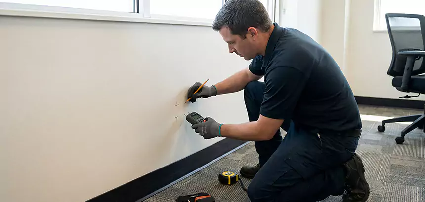 Technician measuring moisture and marking damaged drywall for selective removal
